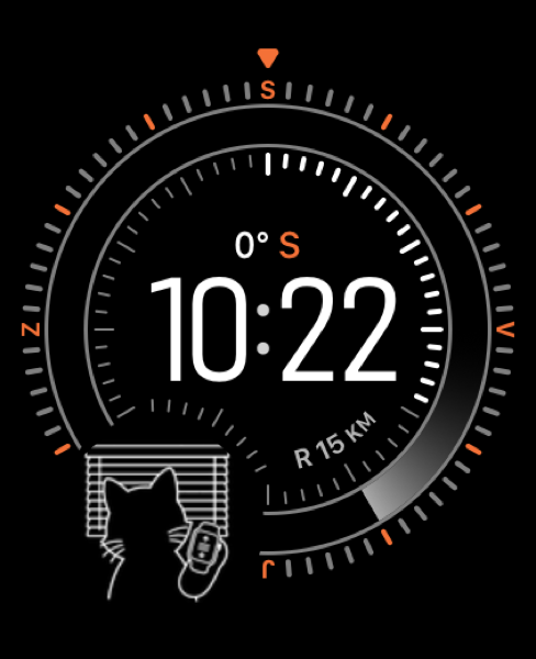 Apple Watch face featuring a Slatly complication — the cat-with-blinds glyph in the lower-left corner